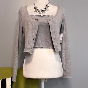 BP Grey Ribbed Crop Top Twin Set Tank & Long Sleeve Button Up NEW XS